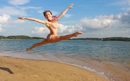 Girls jump topless