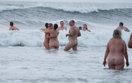 Elderly women bathe naked