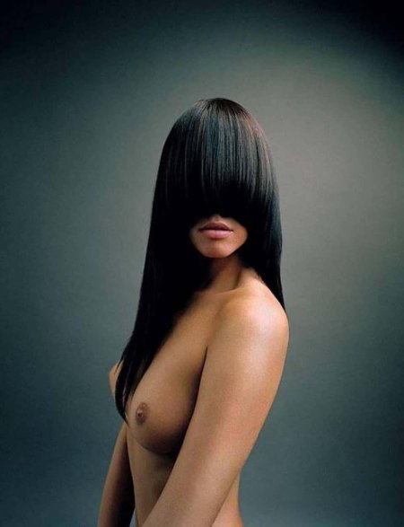 Brunette with a straight bang nude
