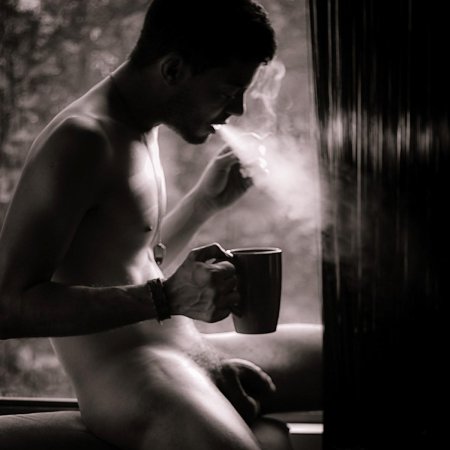 Girl of coffee cigarettes In the morning without cosmetics